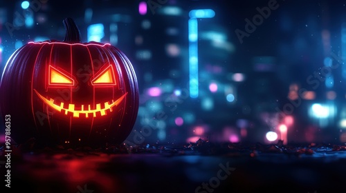 Wallpaper Mural Futuristic Robot Jack-o'-Lantern in Neon Cityscape with Copy Space, Ultra HD. Torontodigital.ca