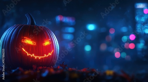 Wallpaper Mural Futuristic Robotic Jack-O'-Lantern Illuminated by Neon Lights in Urban Cityscape with Copy Space, Selective Focus - Ultra HD Torontodigital.ca