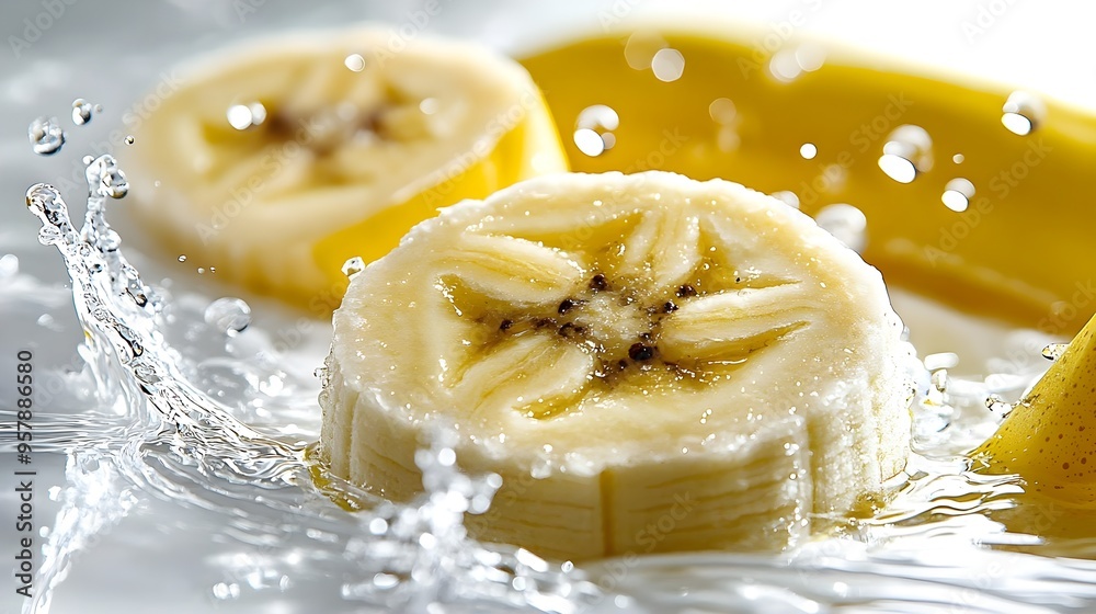 Fresh Banana Slices Splashing in Water Fresh Banana Slices Splashing in Water