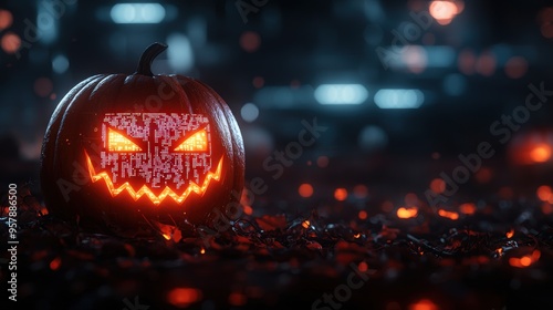 Wallpaper Mural Glitching Jack-o'-Lantern in Cyberpunk Setting - Futuristic Halloween Concept with Digital Face Transformation, Technology Theme, Selective Focus Torontodigital.ca