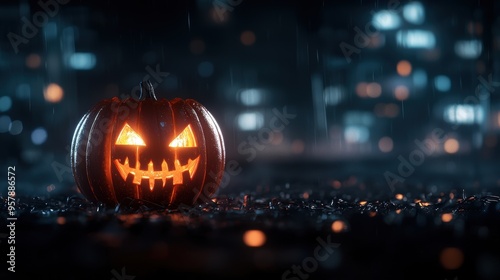 Wallpaper Mural Glowing Glass Jack-O'-Lantern in Futuristic City - Mystical Halloween Concept with Copy Space, Selective Focus, Ultra HD Torontodigital.ca