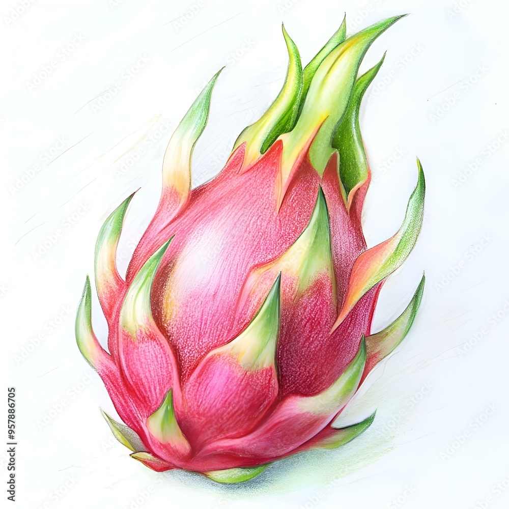 A vibrant. hand drawn illustration of a single. whole pitaya (dragon fruit). A vibrant. hand drawn illustration of a single. whole pitaya (dragon fruit).