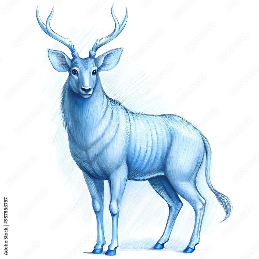 A stunning 3D illustration of a majestic sambar deer rendered in shades of blue. A stunning 3D illustration of a majestic sambar deer rendered in shades of blue.