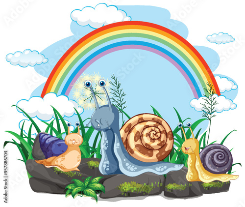 Colorful Snails Under Rainbow