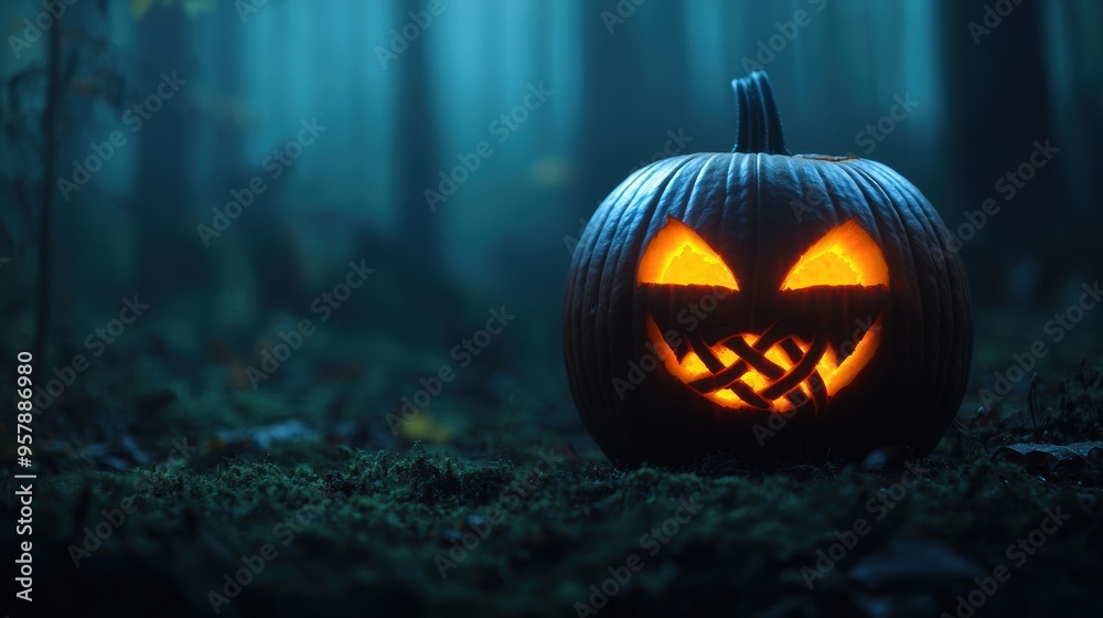 Enchanting Glowing Celtic Knot Pumpkin in Misty Forest - Ultra HD Enchanting Glowing Celtic Knot Pumpkin in Misty Forest - Ultra HD