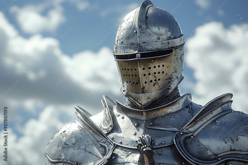 A detailed and polished knight's armor reflecting historical valor and craftsmanship under a blue sky with clouds. A detailed and polished knight's armor reflecting historical valor and craftsmanship under a blue sky with clouds.