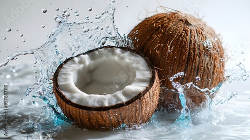 Fresh Coconut Splashing in Water - Tropical Summer Drink