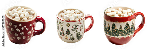 set of A festive Christmas mug filled with hot cocoa and marshmallow on a transparent background photo