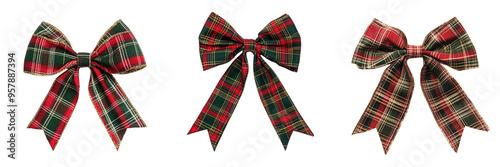 set of a festive holiday bow made of plaid ribbon on a transparent background photo