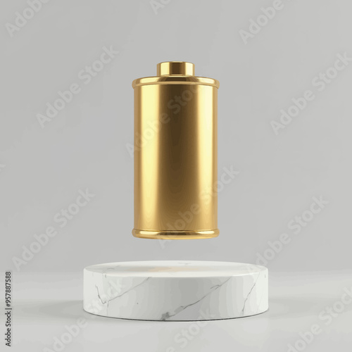 Gold-plated cylindrical object floating above marble base