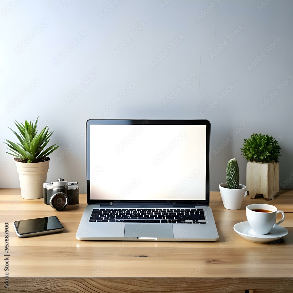 Minimalist workspace mockup featuring a laptop with a blank screen. a vintage camera. a smartphone. potted plants. and a cup of coffee. Minimalist workspace mockup featuring a laptop with a blank screen. a vintage camera. a smartphone. potted plants. and a cup of coffee.