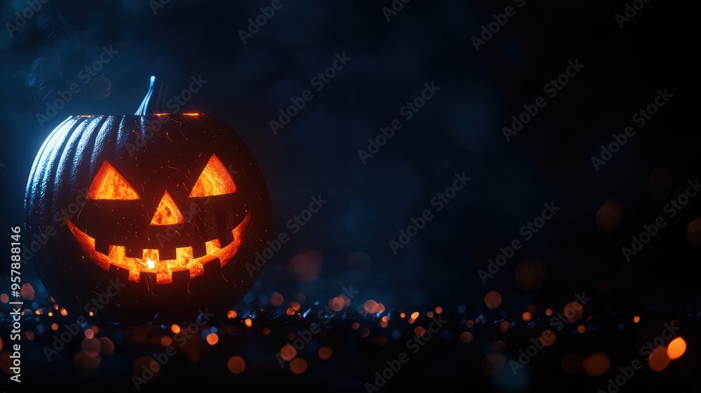 Naklejka premium Mysterious Holographic Jackolantern Ghost in Dark Ambiance with Copy Space for Text - Ultra HD