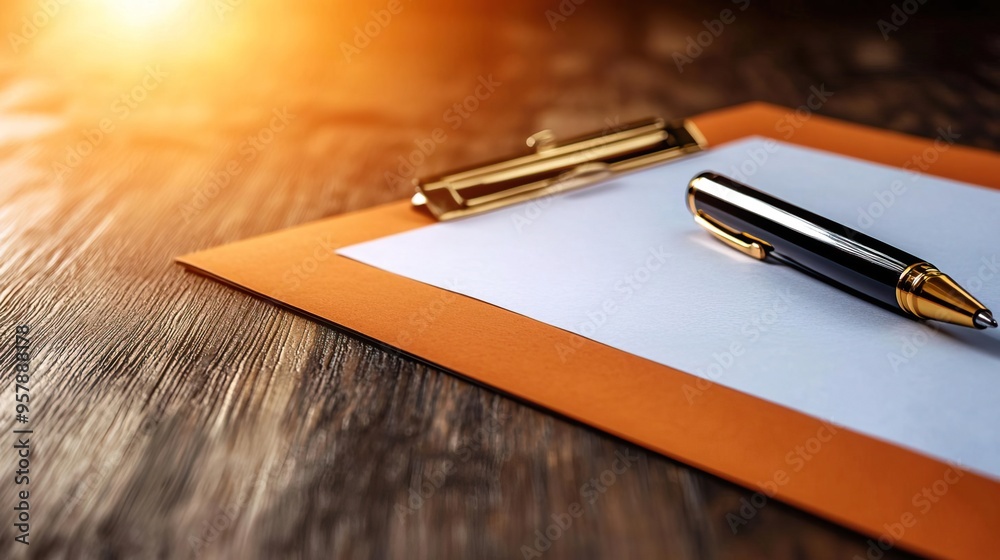 Close up of a clipboard with a pen on a wooden table. Close up of a clipboard with a pen on a wooden table.