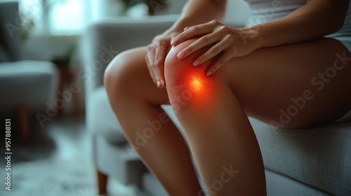 Wallpaper Mural Woman suffering from knee pain sitting on sofa at home Torontodigital.ca