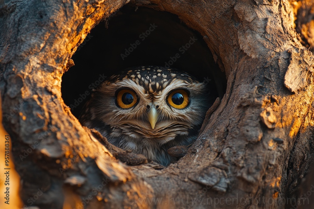 Little owl hiding in the hole of a tree staring with big eyes Little owl hiding in the hole of a tree staring with big eyes