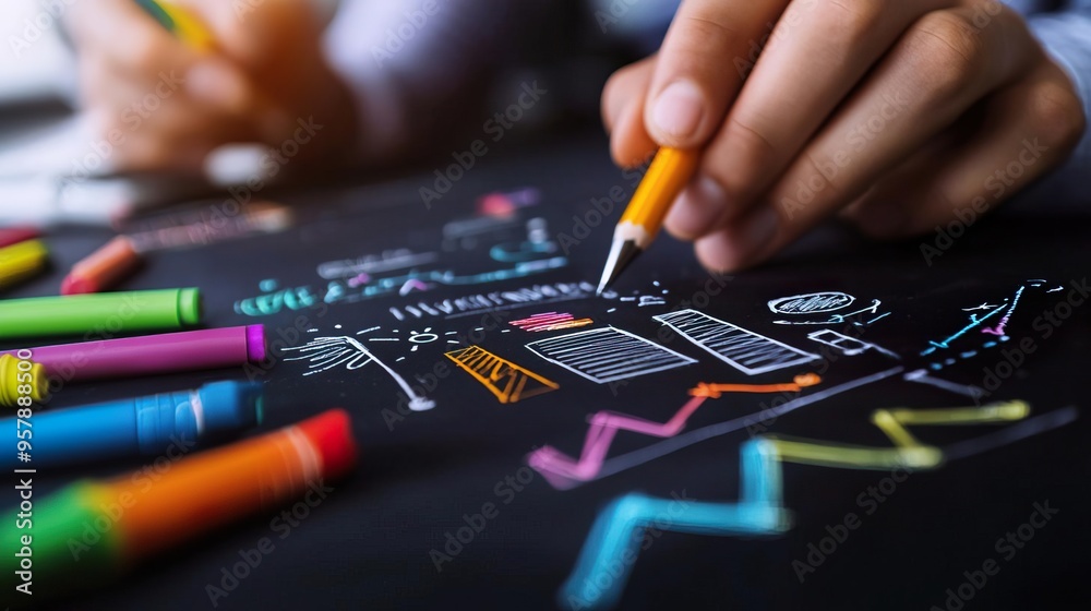 Fototapeta premium Close up of hand drawing on a black surface with colorful crayons.