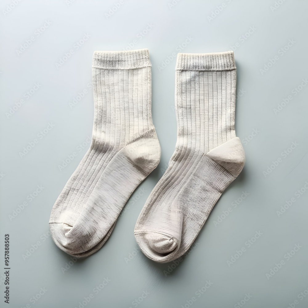 A pair of cozy. ribbed socks in a soft beige color. laid out neatly on a pale blue background. A pair of cozy. ribbed socks in a soft beige color. laid out neatly on a pale blue background.