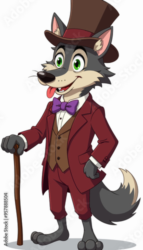 Fox in a Top Hat and Tuxedo, Standing with Cane and Smiling photo