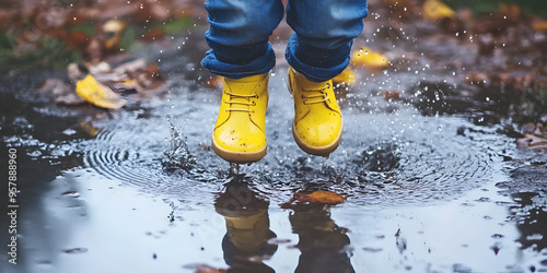 Child jumping in a puddle on a rainy day photo