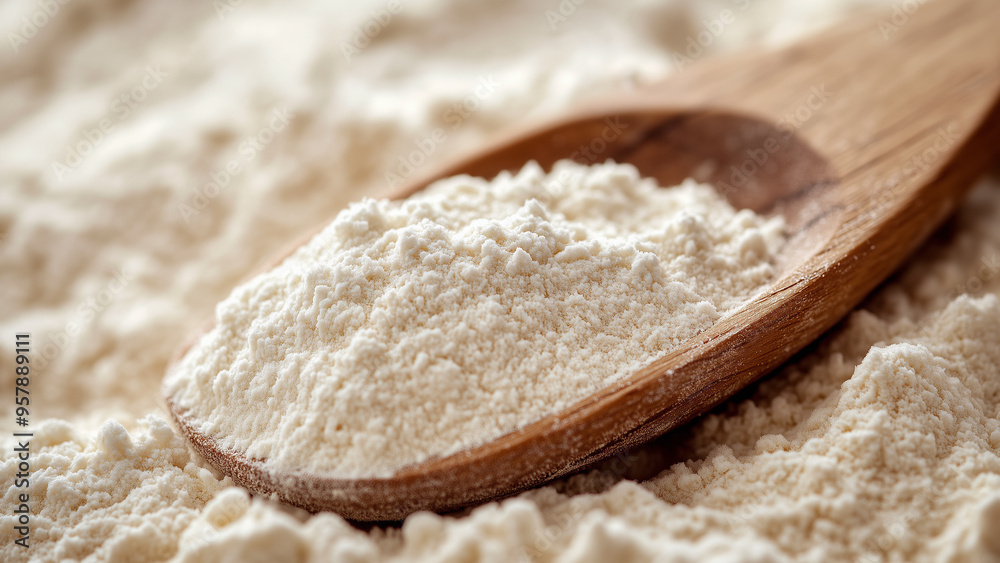Fine flour in a wooden spoon, showing the texture of the powder spread out on a soft surface. Fine flour in a wooden spoon, showing the texture of the powder spread out on a soft surface.