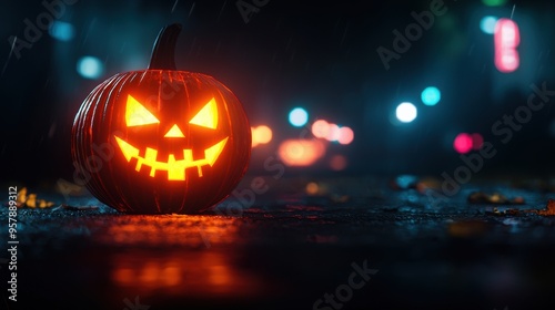 Wallpaper Mural Glowing Jack-o'-Lantern Cyberpunk Cityscape with Copy Space, Selective Focus, Ultra HD Torontodigital.ca