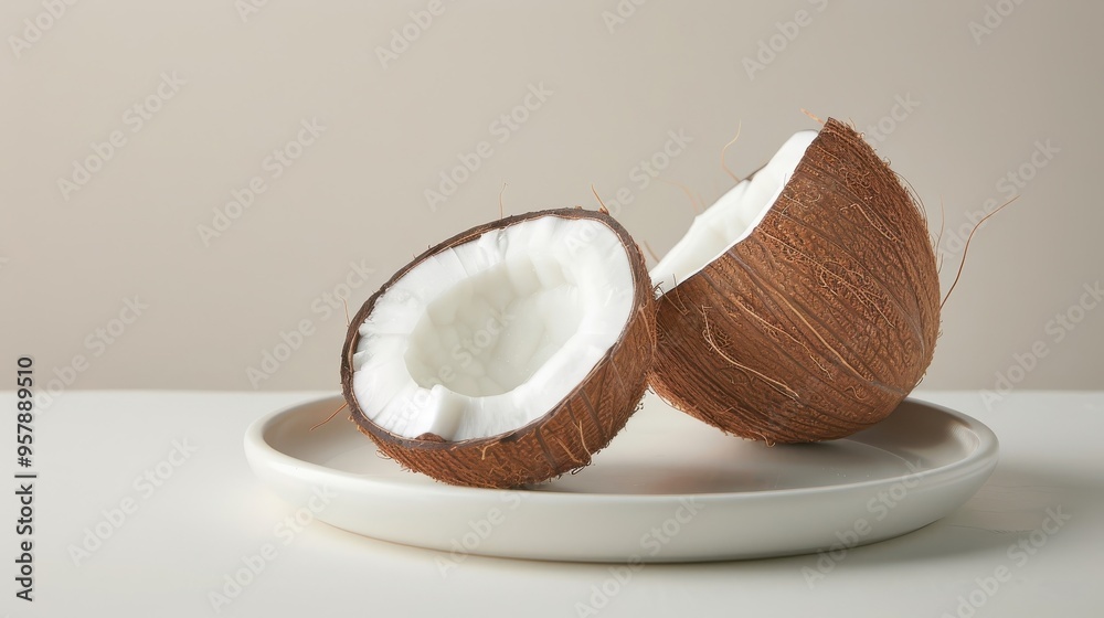Sliced coconut with white flesh and liquid inside on a clean white plate, showcasing its refreshing interior. Sliced coconut with white flesh and liquid inside on a clean white plate, showcasing its refreshing interior.