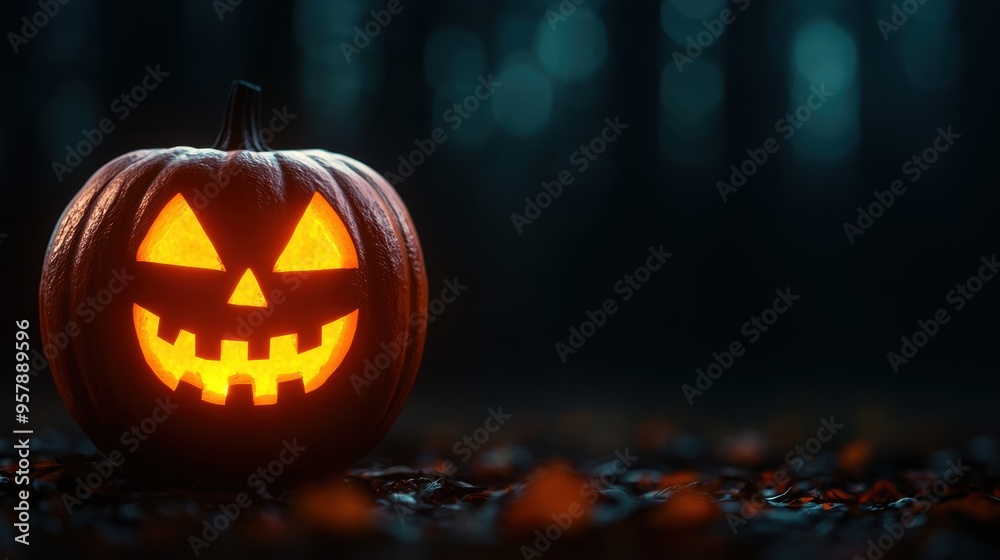 Glowing Jack-O'-Lantern Augmented Reality Effect in Ultra HD with Copy Space, Selective Focus on Foreground Glowing Jack-O'-Lantern Augmented Reality Effect in Ultra HD with Copy Space, Selective Focus on Foreground