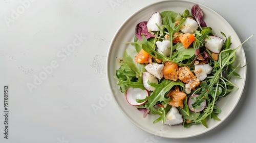 Coconut salad with chunks of fruit, mixed greens, and vinaigrette on a white plate, against a clean background for a fresh presentation.