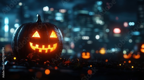 Futuristic Pumpkin Digital Carvings in Cyberpunk City with Glowing Accents - Ultra HD Halloween Concept with Copy Space