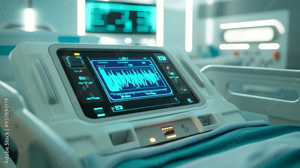 Futuristic Hospital Bed with Digital Monitor Displaying Vital Signs Futuristic Hospital Bed with Digital Monitor Displaying Vital Signs