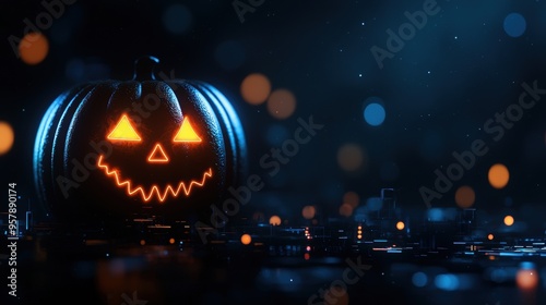 Wallpaper Mural Glitchy Cyberpunk Jack-O'-Lantern with Neon Glow Tech Ambiance in Ultra HD Resolution, Copy Space for Text Torontodigital.ca