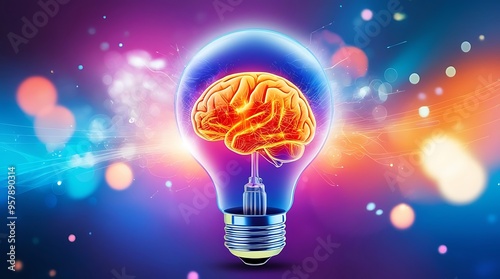 Neuroscience and Psychology. The brain and a light bulb imagery symbolize the intersection of neuroscience, cognitive science, and psychological research, highlighting innovation and discovery (22)