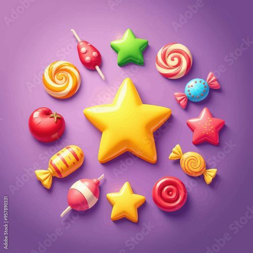 Colorful Candy and Star Collection on Purple Background