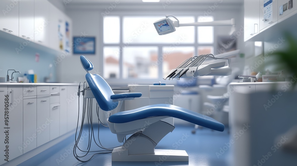 Modern Dental Chair in a Sterile White and Blue Dentist Office Modern Dental Chair in a Sterile White and Blue Dentist Office