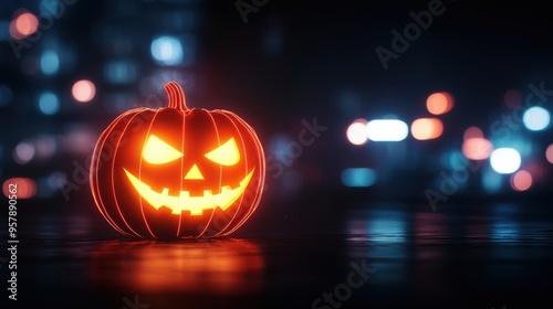 Wallpaper Mural Jack-o'-lantern Holographic Glow in Dark Cityscape with Neon Accents - Ultra HD Halloween Concept Torontodigital.ca