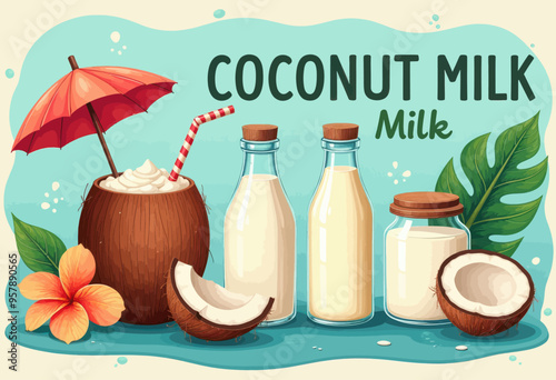 Coconut Milk: A Tropical Drink in Bottles and Coconut Cup
