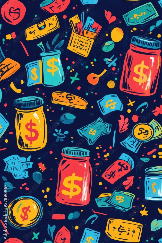 Fototapeta premium Colorful Doodle Seamless Pattern with Playful Money Symbols, Investment Charts, and Saving Jars