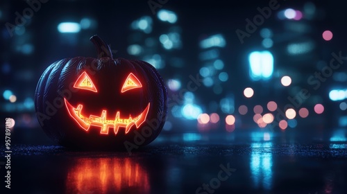 Wallpaper Mural Futuristic Holographic Pumpkin Carvings in Dark Cityscape with Neon Accents and Copy Space, Selective Focus - Ultra HD Torontodigital.ca