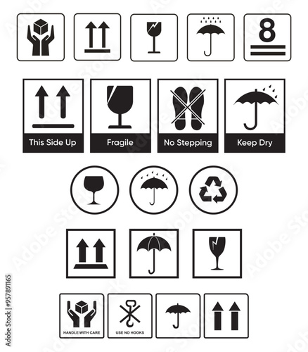 box signs, vector packaging sign industrial, fragile mark label, shipping mark, warning symbol set