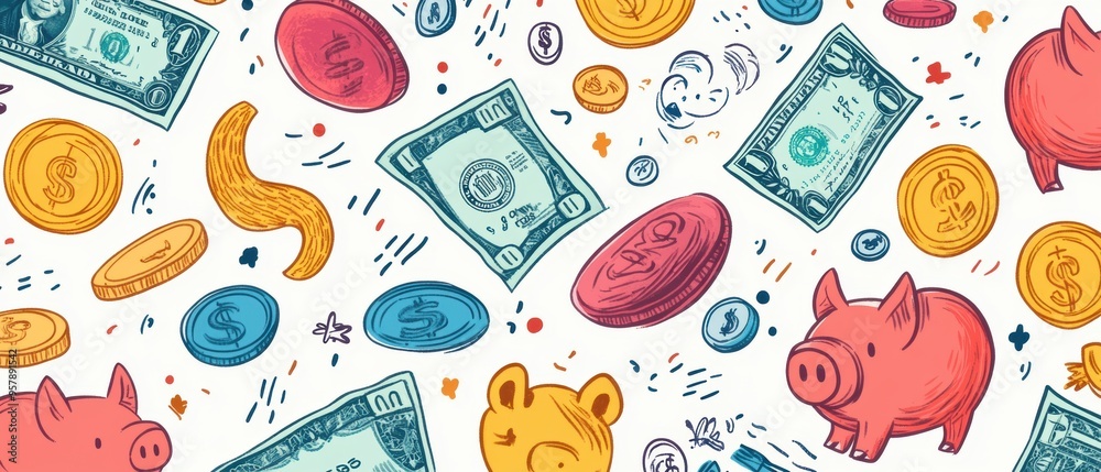 Fun and Cheerful Financial Freedom Pattern with Doodled Banknotes, Coins, and Piggy Banks Fun and Cheerful Financial Freedom Pattern with Doodled Banknotes, Coins, and Piggy Banks