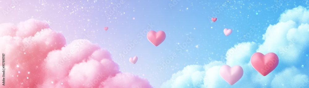 Pink Hearts Floating in a Dreamy Sky with Clouds Pink Hearts Floating in a Dreamy Sky with Clouds
