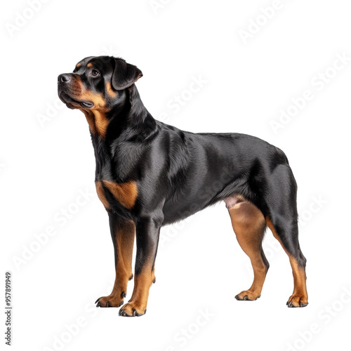 A majestic Rottweiler standing with a confident posture, showcasing its sleek black and tan coat.