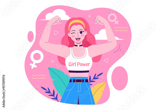 Girl Power Vector Illustration to Women as Strong and Independent, Advocating for Women's Rights and Diversity in a Flat Style Cartoon Background