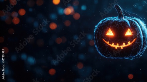 Cyberpunk Neon Jack-O'-Lantern in Futuristic Digital Space With Urbanscape Background Copy Space - Selective Focus in Ultra HD photo