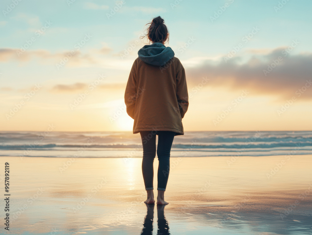 A person standing on beach at dawn, ready to begin new day, gazing at horizon. serene atmosphere evokes sense of calm and reflection. A person standing on beach at dawn, ready to begin new day, gazing at horizon. serene atmosphere evokes sense of calm and reflection.