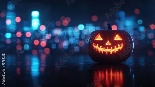 Wallpaper Mural Futuristic Hologram Pumpkin Digital Carvings in Glitch Effect with Neon-Lit Cityscape Background, Copy Space, Selective Focus. Ultra HD Quality. Torontodigital.ca