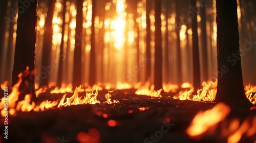 A blazing inferno in the heart of a forest, with trees crackling and falling, the landscape being consumed by fire, illustrating the severity of the crisis