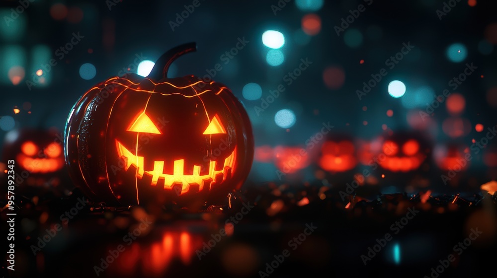 Cyberpunk Jackolantern in Neon-Lit City - Futuristic Halloween Concept with Copy Space, Selective Focus, Ultra HD Resolution