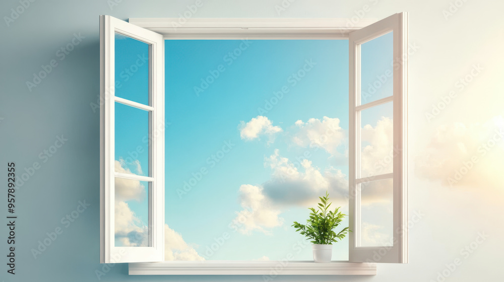 A serene open window with breeze blowing in, symbolizing freshness and tranquility, showcases beautiful blue sky and fluffy clouds. A serene open window with breeze blowing in, symbolizing freshness and tranquility, showcases beautiful blue sky and fluffy clouds.