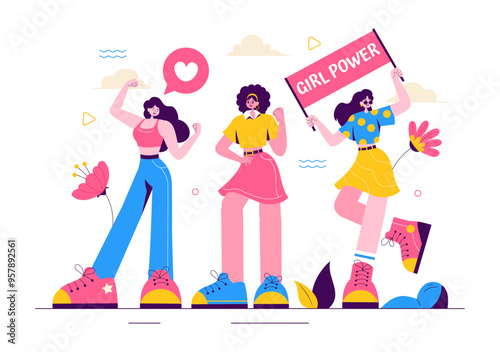 Girl Power Vector Illustration to Women as Strong and Independent, Advocating for Women's Rights and Diversity in a Flat Style Cartoon Background